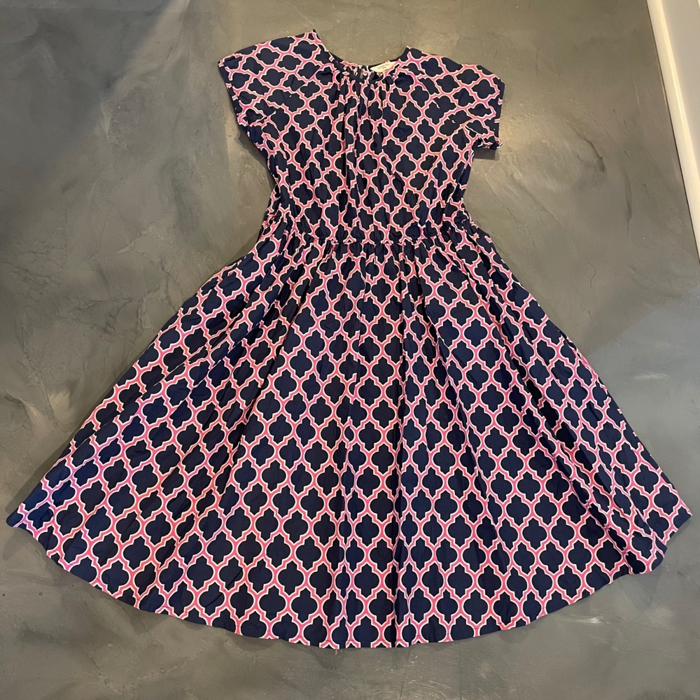 Lands‎ End Kids Navy Pink Geometric Print Cotton Flare Dress Girls Size 16+ Midi